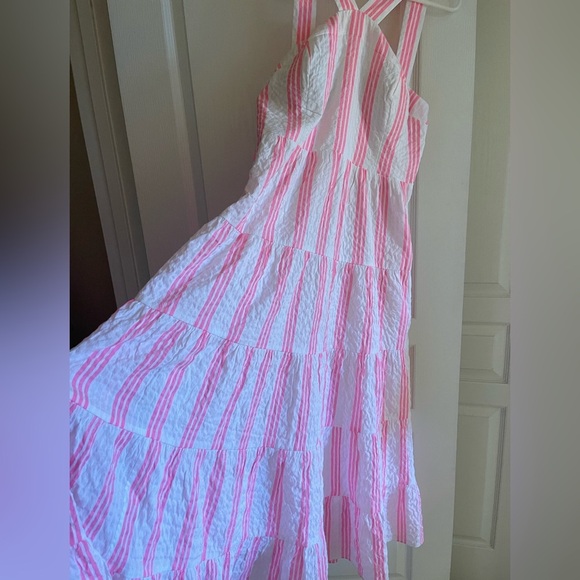 Lilly Pulitzer Jenette Halter Midi Dress Havana Pink Stripes Seersucker Size 10 - Picture 10 of 16